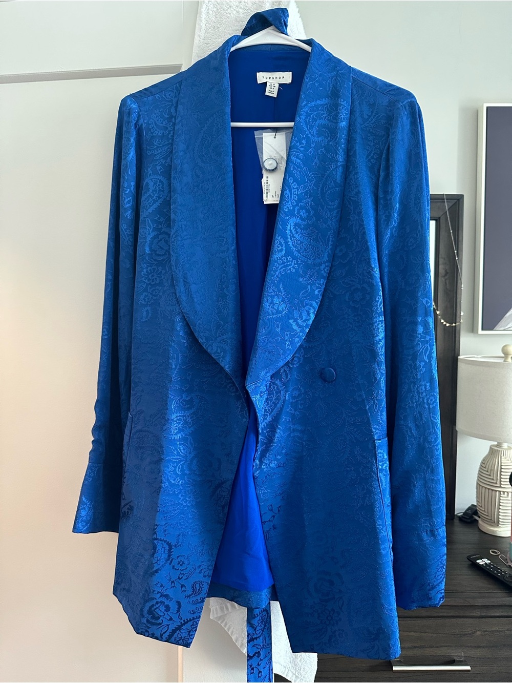 Topshop Blue Jacquard Shawl Collar Blazer